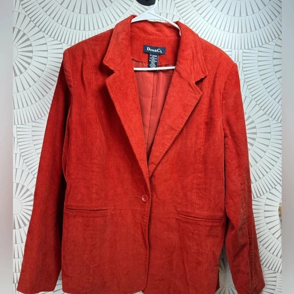 Denim & Co Women’s Red/Orange Corduroy Blazer One‎ Button XL